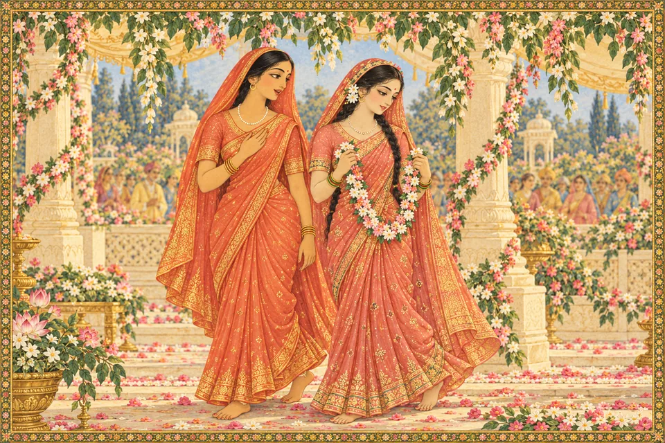 Sita approaches Rama with a singing companion, carrying the victory garland.
