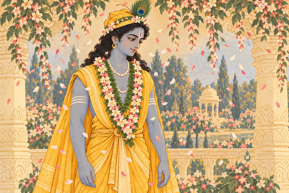 Rama wears the victory garland on his chest as flowers fall around him.