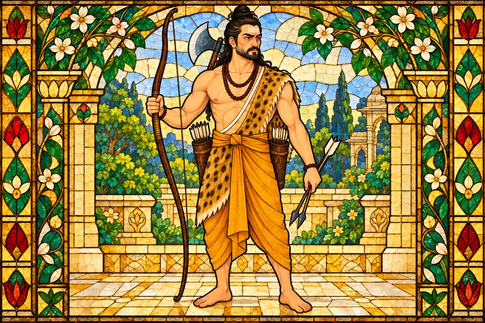 Parashurama stands in sage garments with the bearing of heroic resolve.
