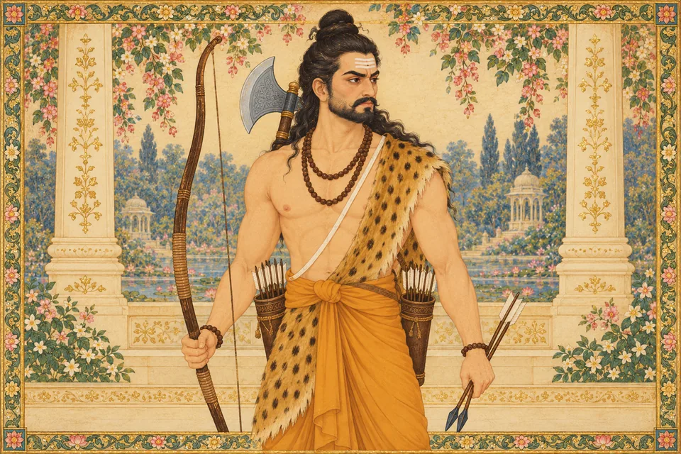 Parashurama stands sternly with his bow, arrows, and shoulder axe.
