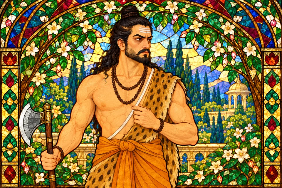 Parashurama holds his axe and regards the still-living prince with anger.