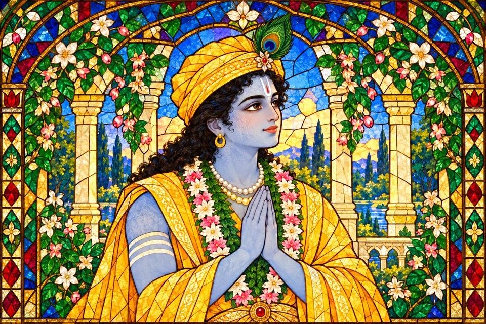 Rama joins his hands respectfully beneath jewel-colored stained-glass arches.