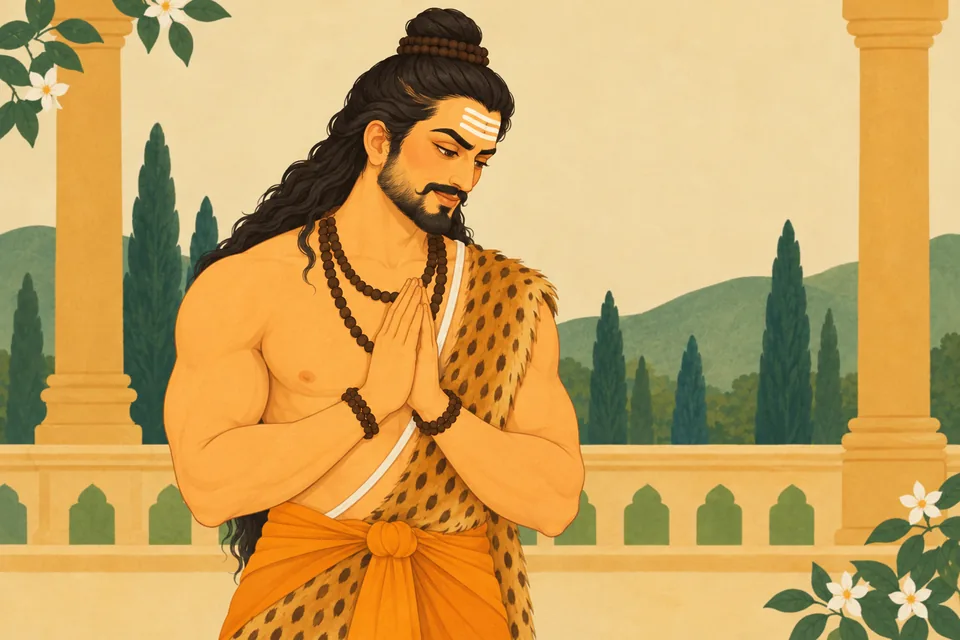 Parashurama bows with joined palms and a gentle smile after recognizing Rama's might.