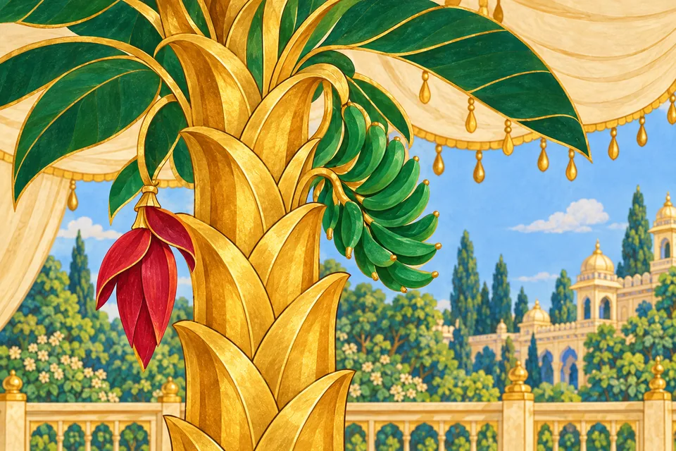 Green jeweled leaves and fruits and a red flower adorn the golden plantain-shaped pillar.