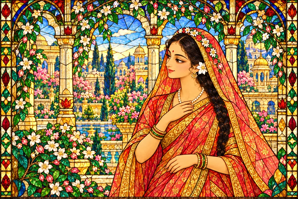 Sita stands serenely in the flowering Mithila court, wearing her coral veil and received head flowers.