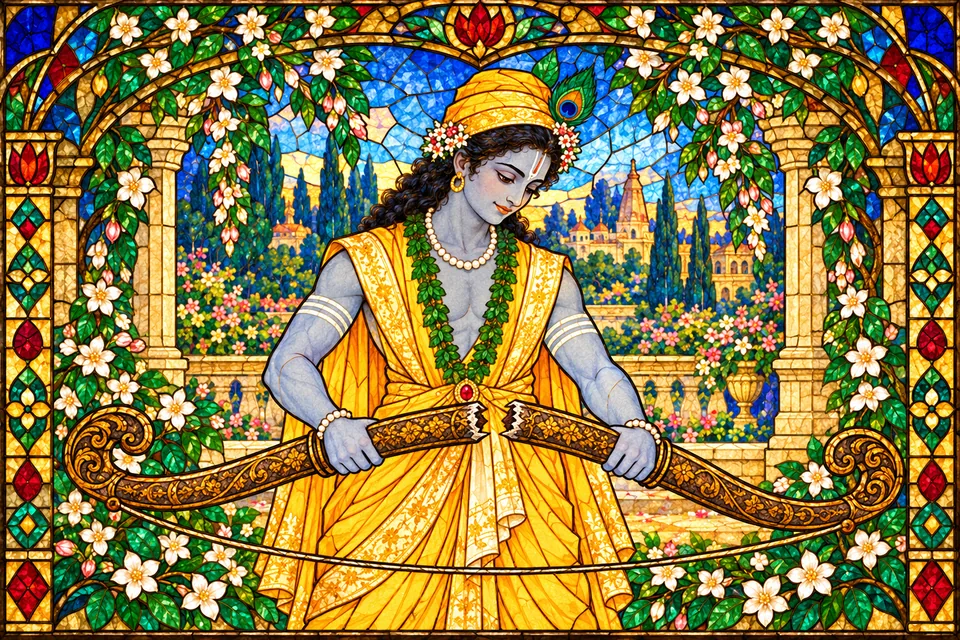 In the messenger's recollection, Rama calmly holds the two halves of Shiva's broken bow.