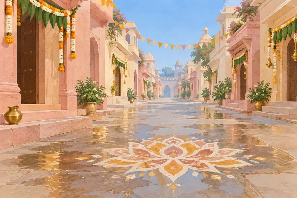 Freshly sprinkled paving and a lotus floor pattern brighten a festive Ayodhya street.