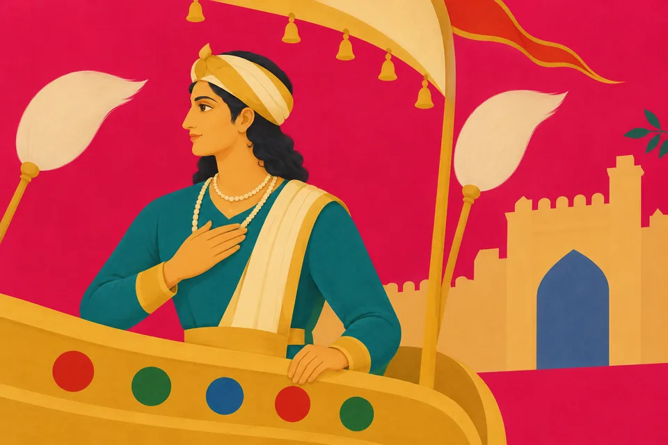 A procession member stands in a canopied chariot outside Ayodhya.