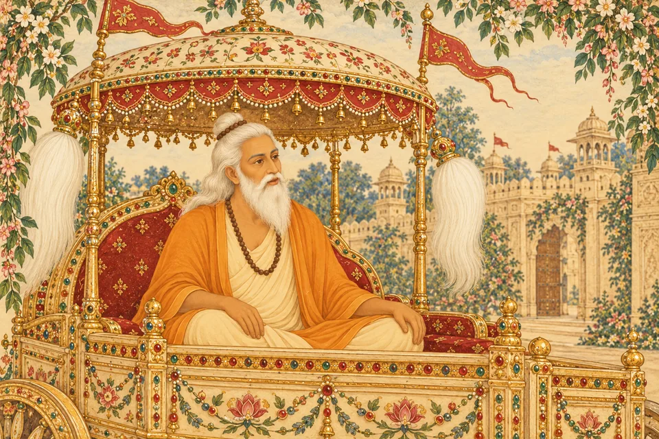 Vasishtha sits in the decorated chariot prepared for him.