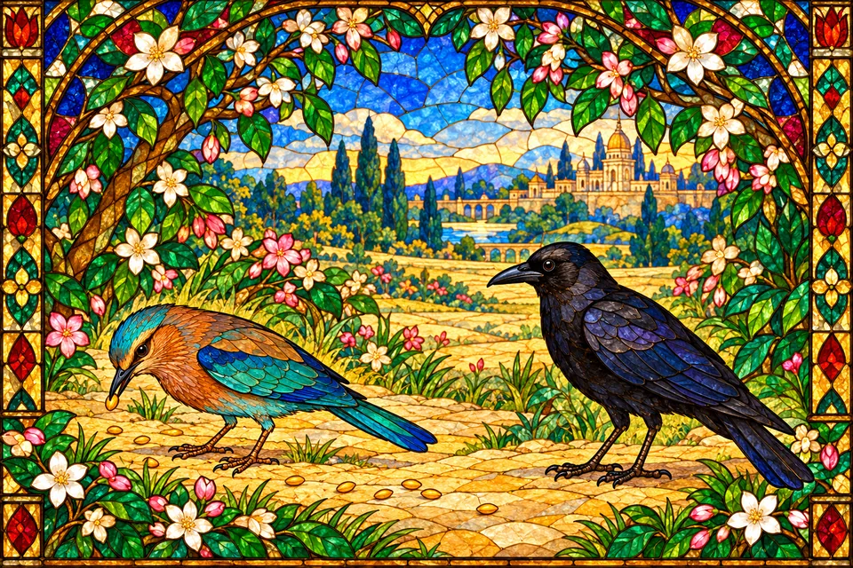 A feeding neelkanth and a crow evoke the auspicious omens along the wedding route.