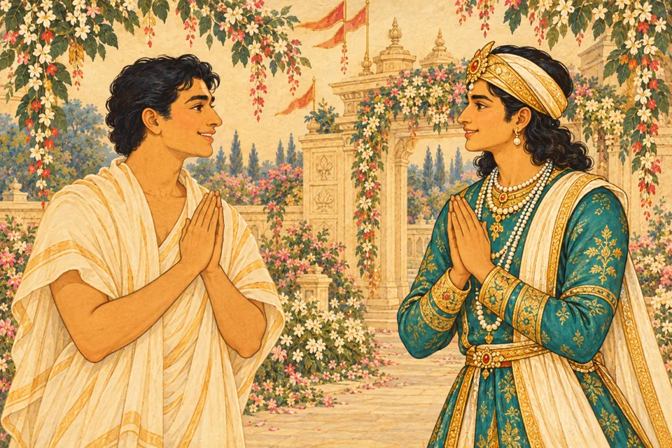 A Mithila welcomer and a wedding-party member greet each other joyfully.