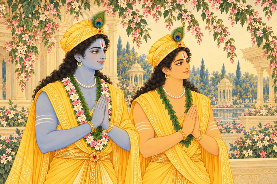 Rama and Lakshmana portrayed as the brothers expected to return when Janaka lovingly calls Sita.