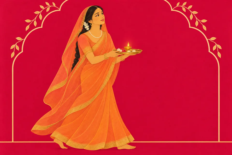 A joyful noblewoman carries aarti as she sets forth for parichhan.