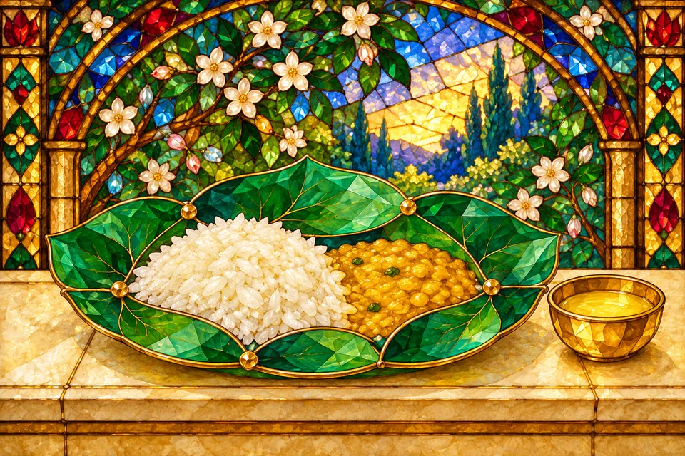 Dal, rice and fragrant ghee are served at the wedding meal.