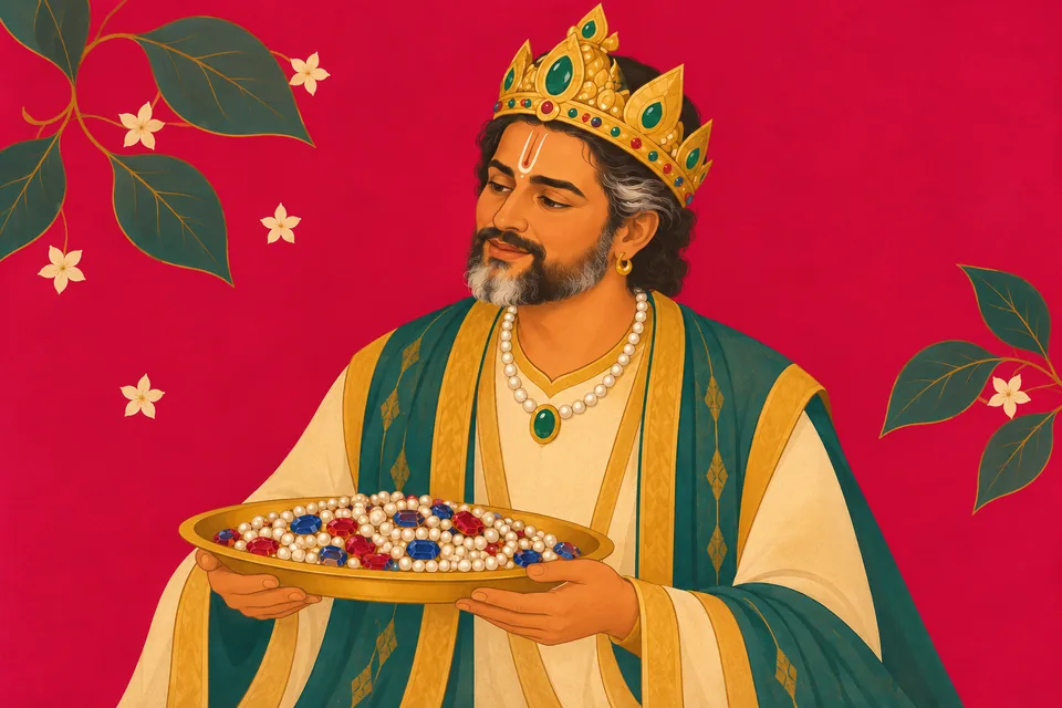 Janaka holds a platter of pearls and gems as a representative wedding gift.