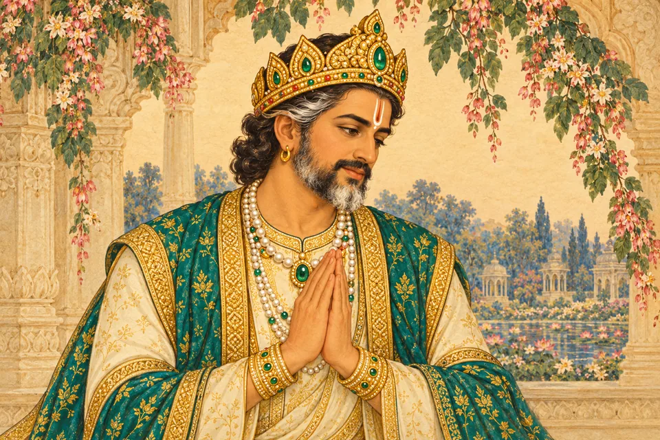 Janaka is shown in a devotional pose as the princesses’ leave-taking is arranged.