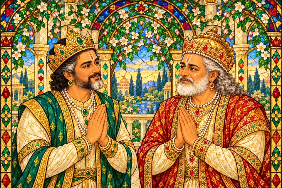 Janaka and Dasharatha meet with affection and courtesy.