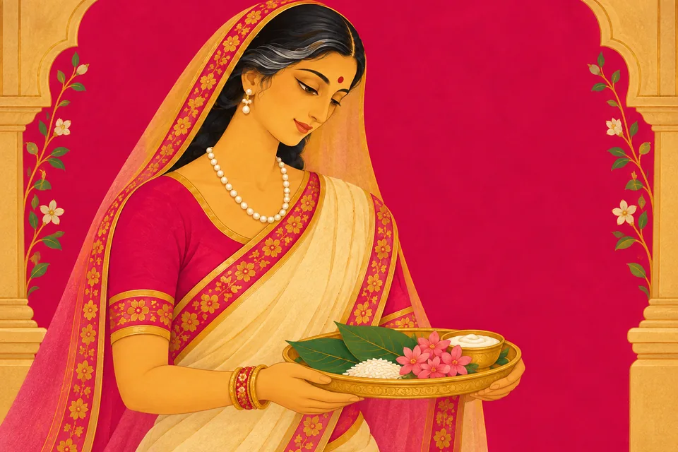 Kaushalya carries a golden welcome tray in a crimson, cream and gold devotional portrait.