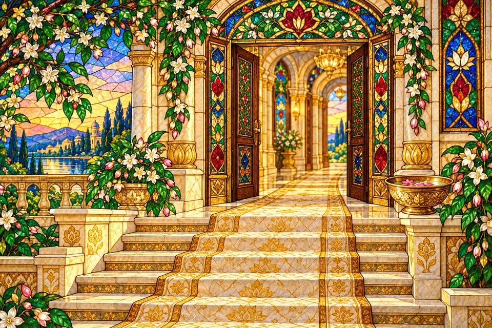 A ceremonial cloth leads up palace steps through an open doorway beside a golden arghya bowl, in jeweled stained glass.