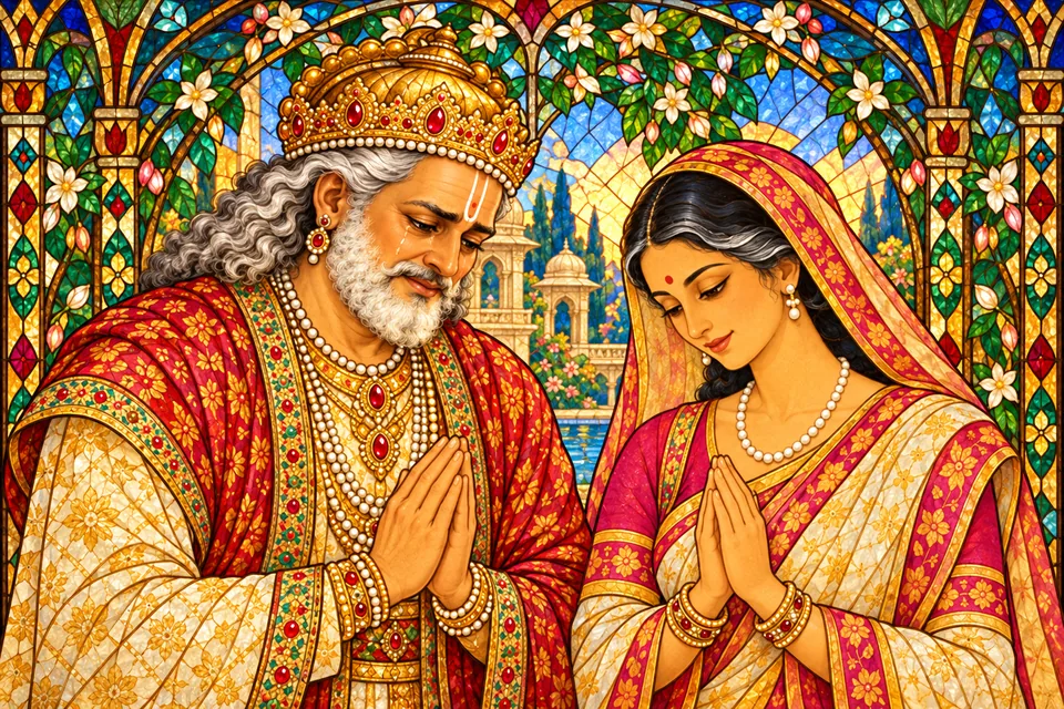 Dasharatha and Kaushalya bow reverently with joined hands in a jeweled stained-glass devotional portrait.