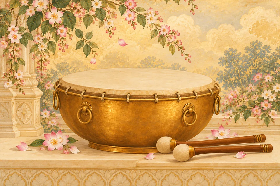 A ceremonial bronze drum and resting beaters amid flowers in an antique cream-and-gold devotional still life.