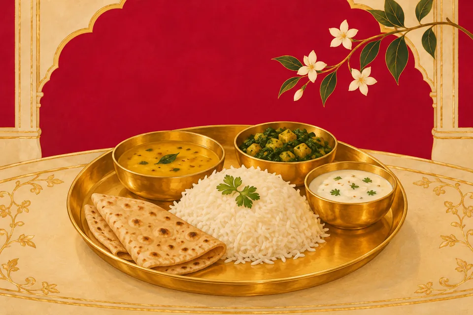 A golden meal plate with rice, flatbread and three bowls in a crimson-and-gold devotional still life.