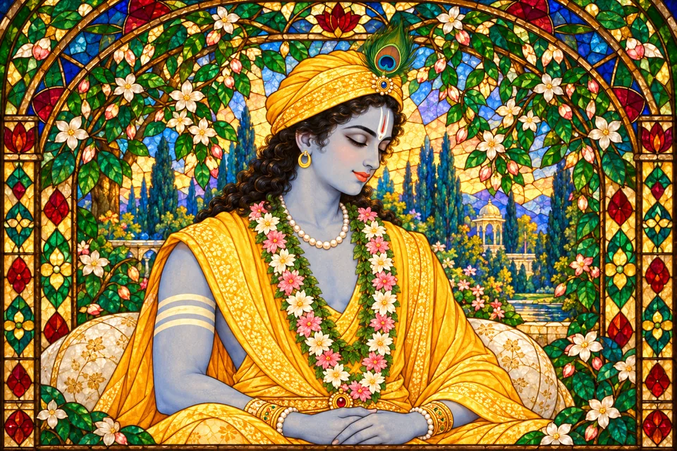 Rama closes his eyes to rest, his wedding garlands retained, in a jeweled stained-glass devotional portrait.
