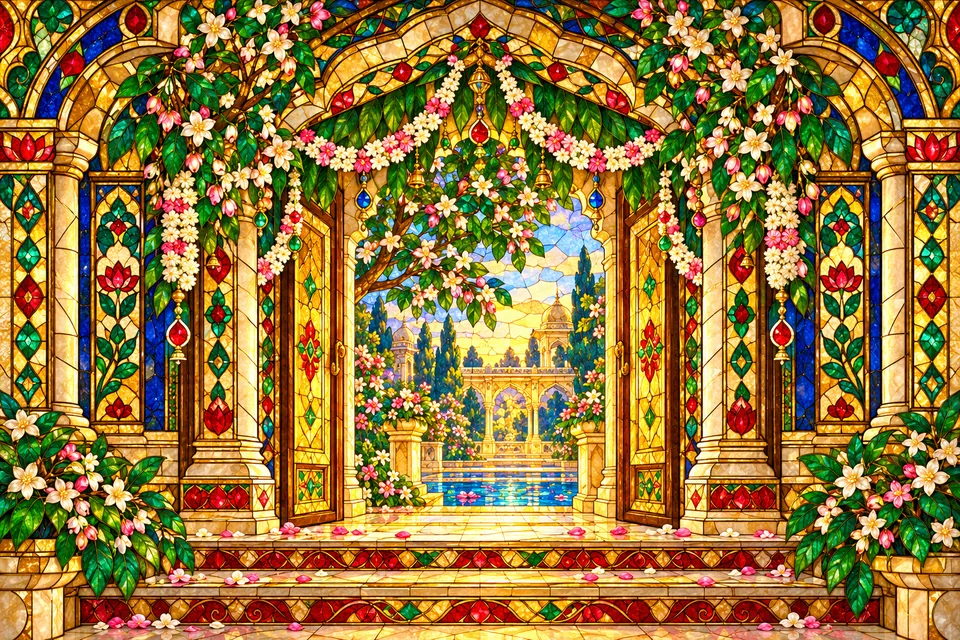 A festive palace doorway with floral festoons in jewel-colored devotional stained glass.