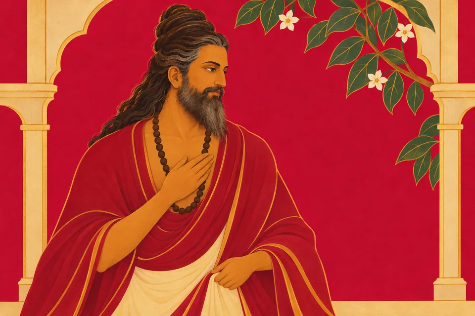 Kaushika departs joyfully, inwardly praising the wedding, in a crimson-and-gold devotional portrait.