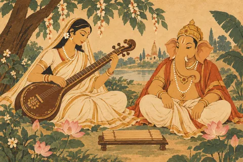 Saraswati with a traditional string instrument and Ganesha beside a blank manuscript, in a symbolic devotional tableau.