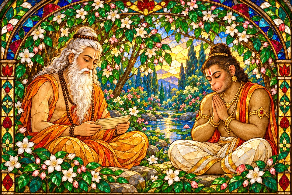 Symbolic portrait of Valmiki holding a blank manuscript and Hanuman praying in a luminous flowering grove.