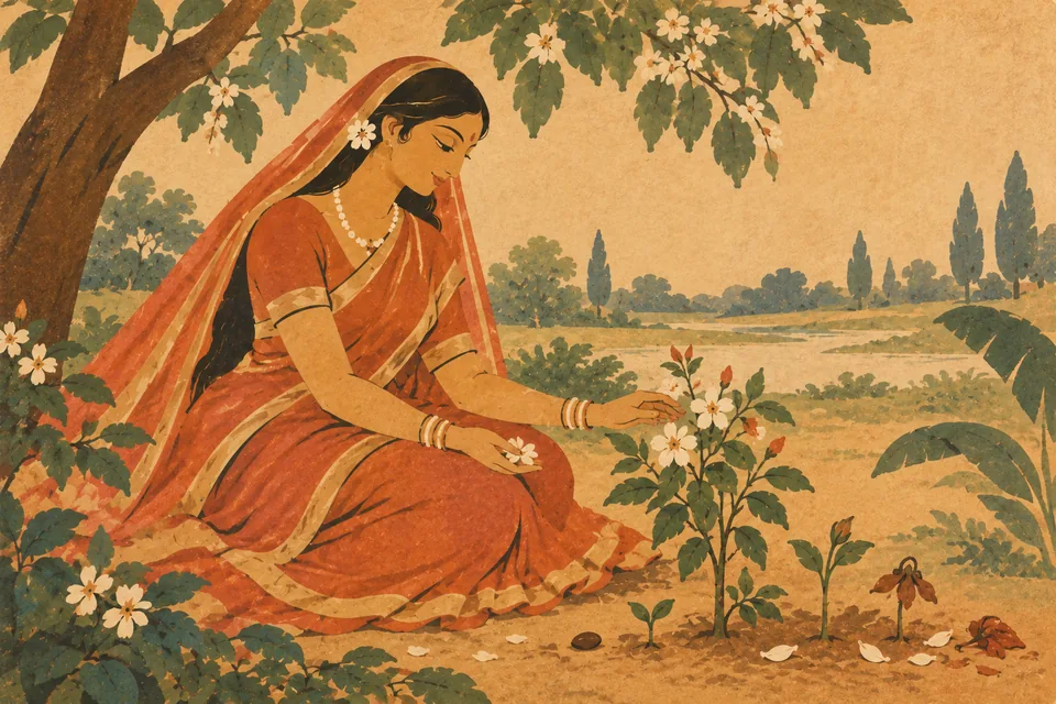 Sita in a modest rust-red sari beside a seed, growing plant and spent petals, symbolizing the cycle of life.