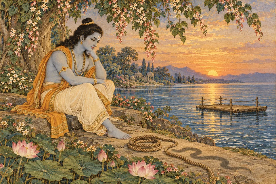 Rama contemplating beside a quiet symbolic ocean, a braided rope and an empty raft, illustrating spiritual refuge and illusion.