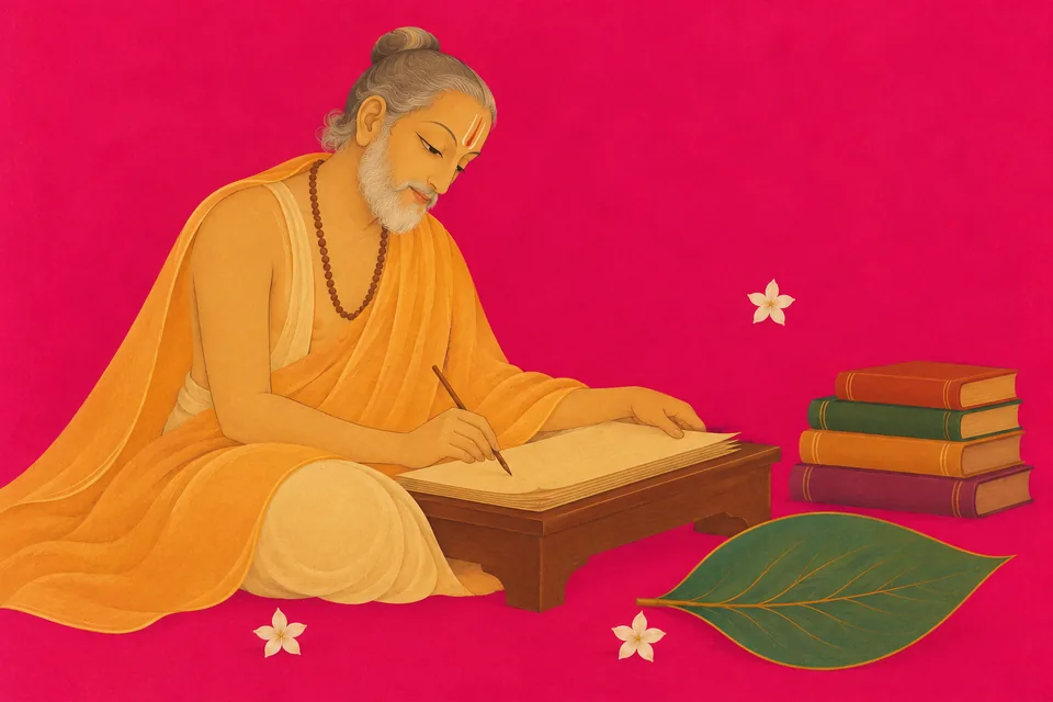Imagined portrait of Tulsidas composing beside a blank manuscript and closed books, against a quiet pink field.