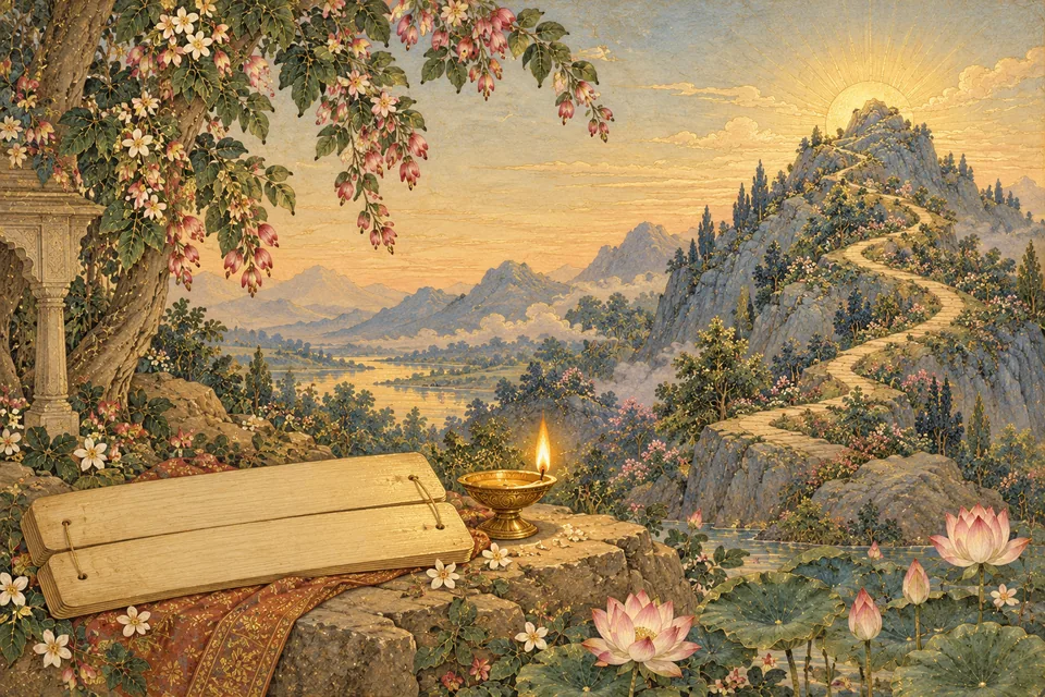 A symbolic mountain path, blank manuscript and lamp express divine mercy overcoming limitations.