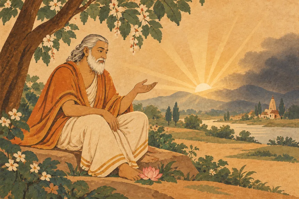 An unnamed guru beside a symbolic lotus, with dawn light expressing wisdom dispersing delusion.